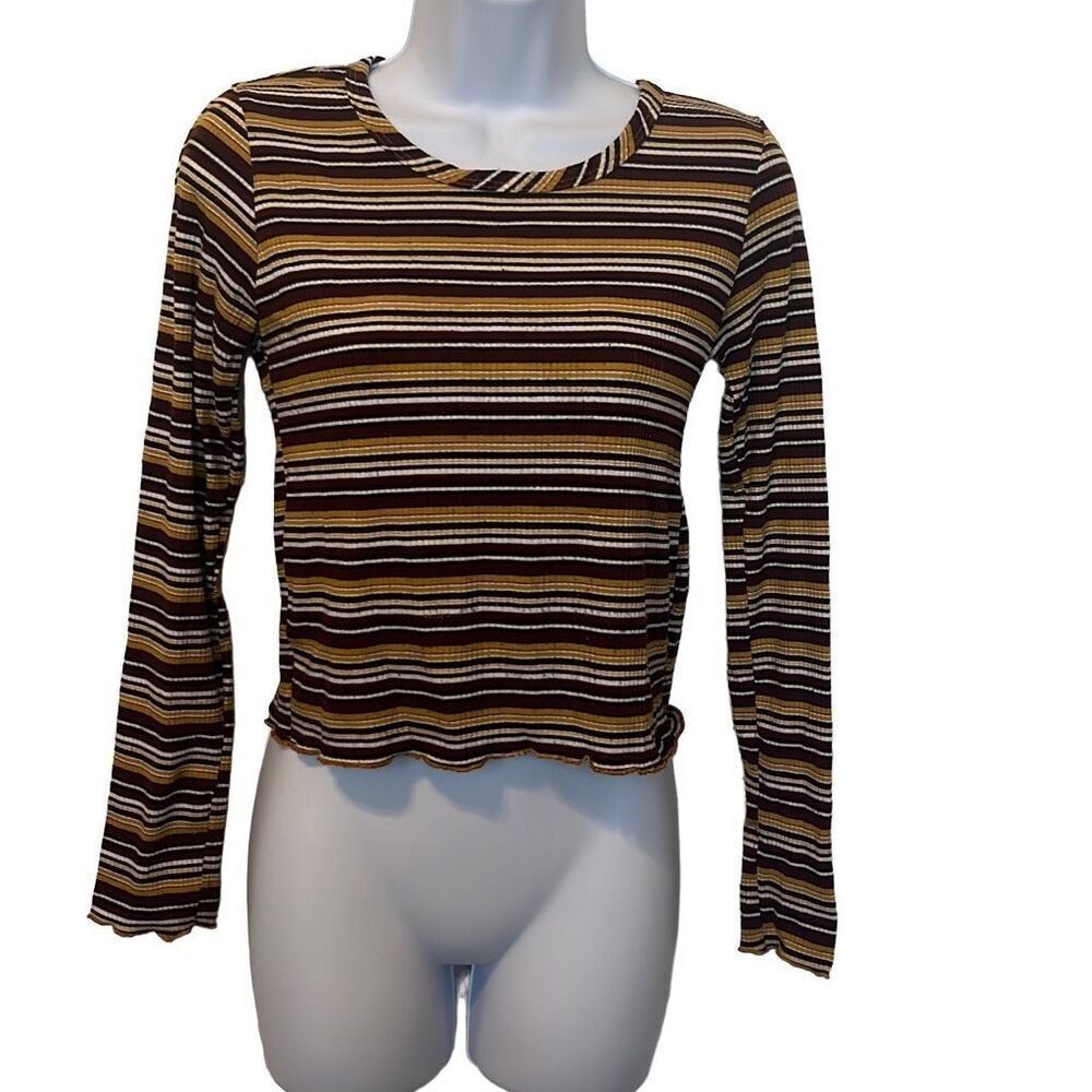 Pinc Y2K Brown Yellow Stripe Long Sleeve Crewneck Ribbed Crop Top‎ Large Grunge